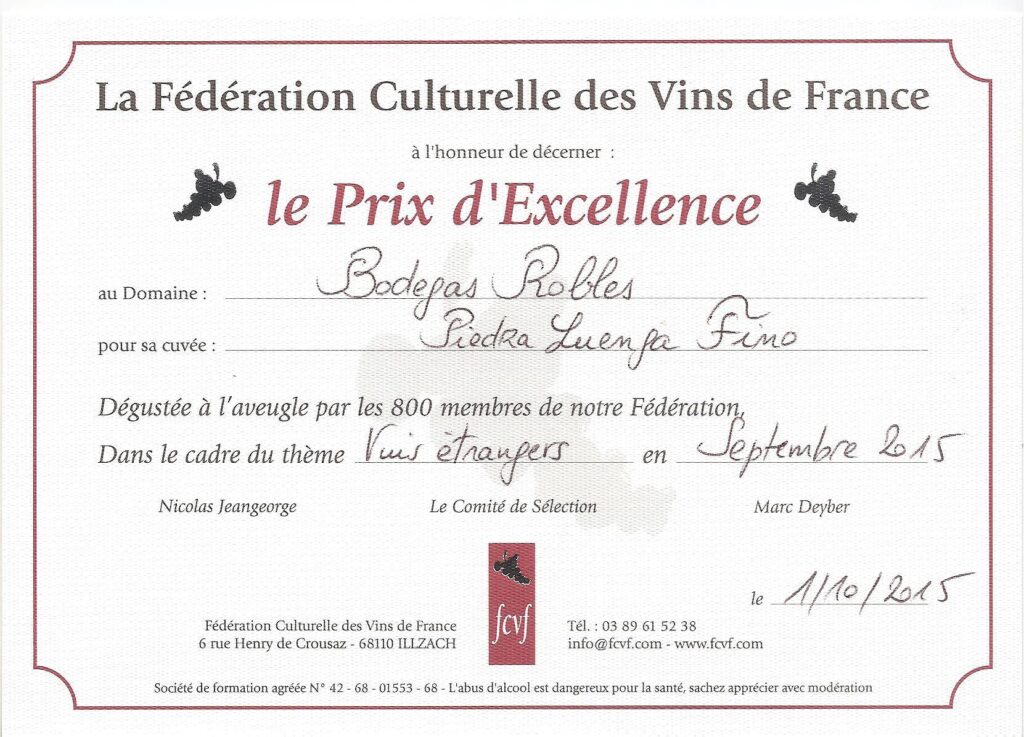 "Le Prix d'Excellence" a nuestro Piedra Luenga Fino